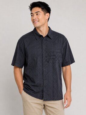 23rd St Men's Black Textured Button-Up Shirt Size Large Short Sleeve Casual